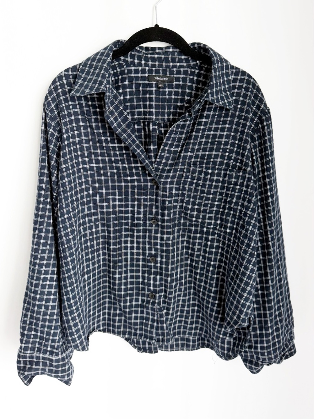 Madewell Navy Windowpane Plaid Cropped Flannel Blouse Size Large